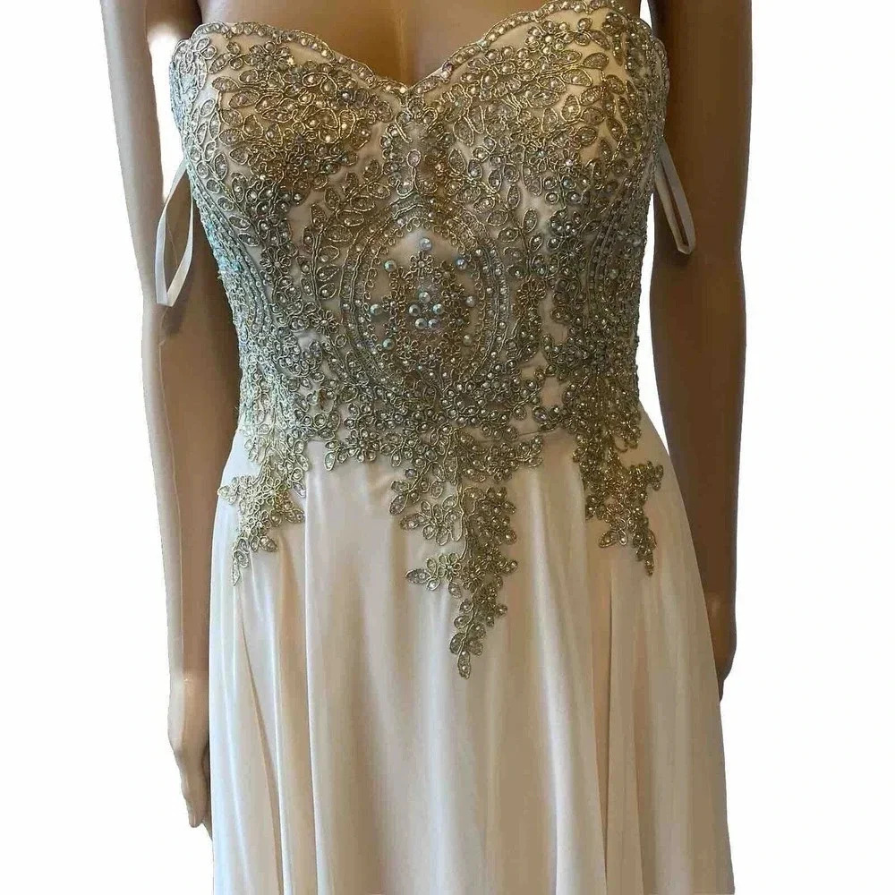 LENOVIA USA PROM DRESS Evening Gown Party Ivory Gold Lace Gemstone Midi Lady S